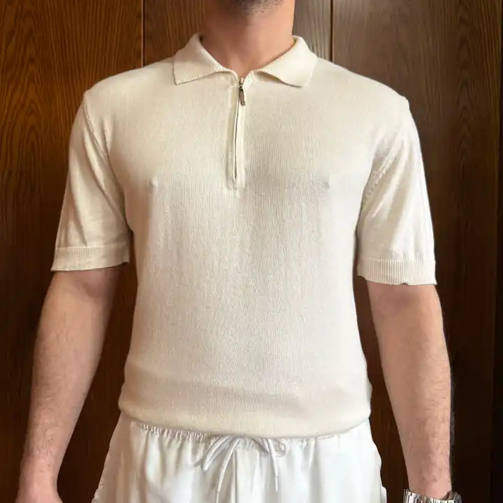 Yarım Fermuarlı Polo Yaka Triko T-Shirt - Krem