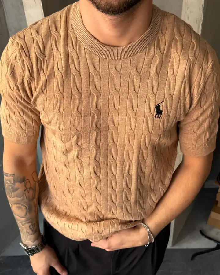 Dikey Örgü Desenli Bisiklet Yaka Triko T-Shirt - Krem