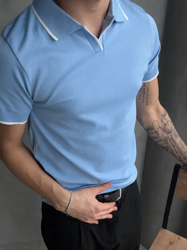 Yaka Çizgili Tek Plaka Polo Yaka Triko Tshirt - Mavi