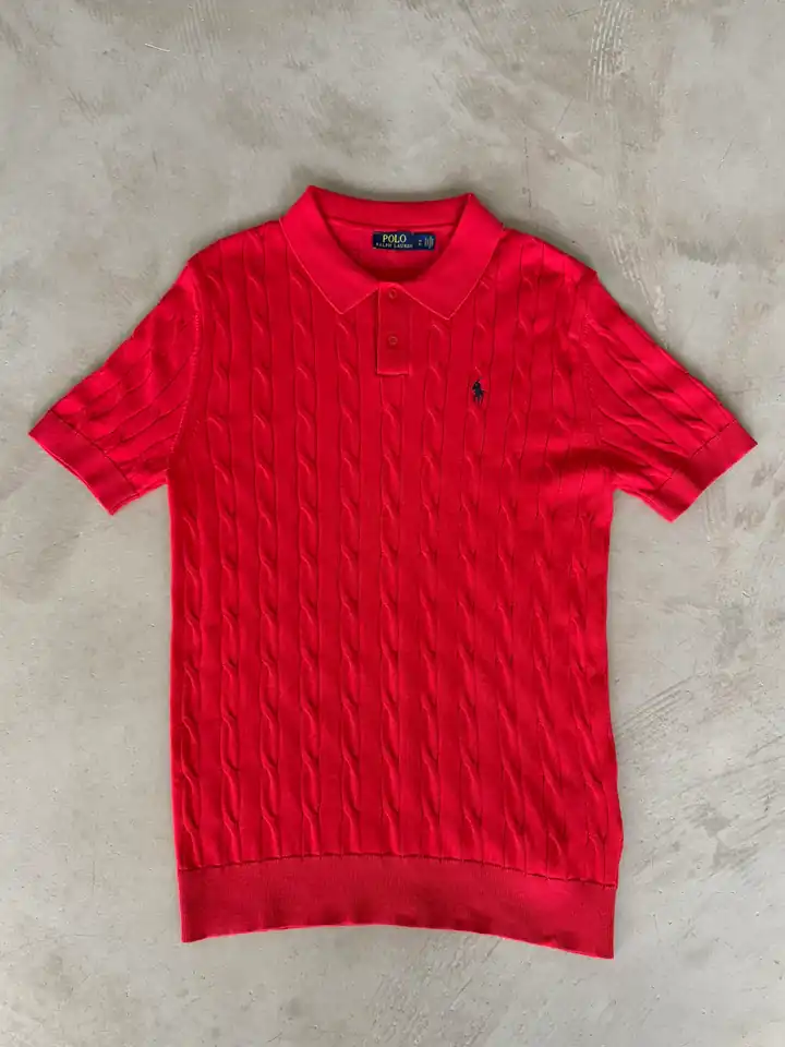 Dikey Örgü Desenli Polo Yaka Triko T-Shirt - Kırmızı