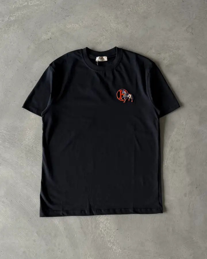 Sol Göğüs Yuvarlak Logo Nakışlı At Detaylı Basic T-Shirt - Siyah