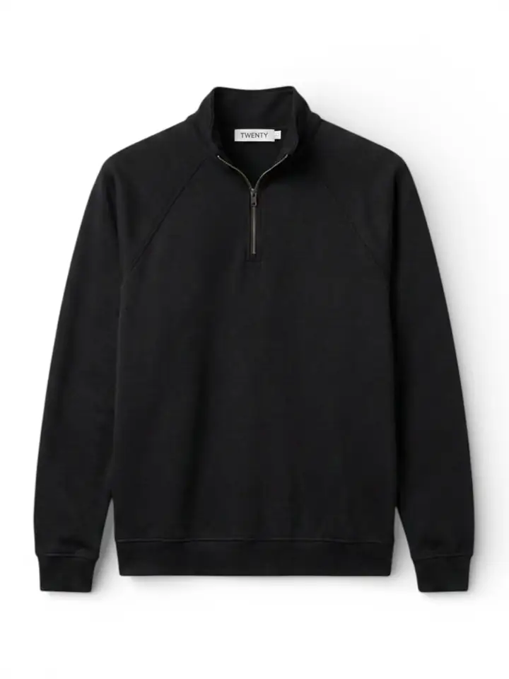 Premium Basic Pamuklu Yarım Fermuarlı Sweatshirt - Siyah Renk