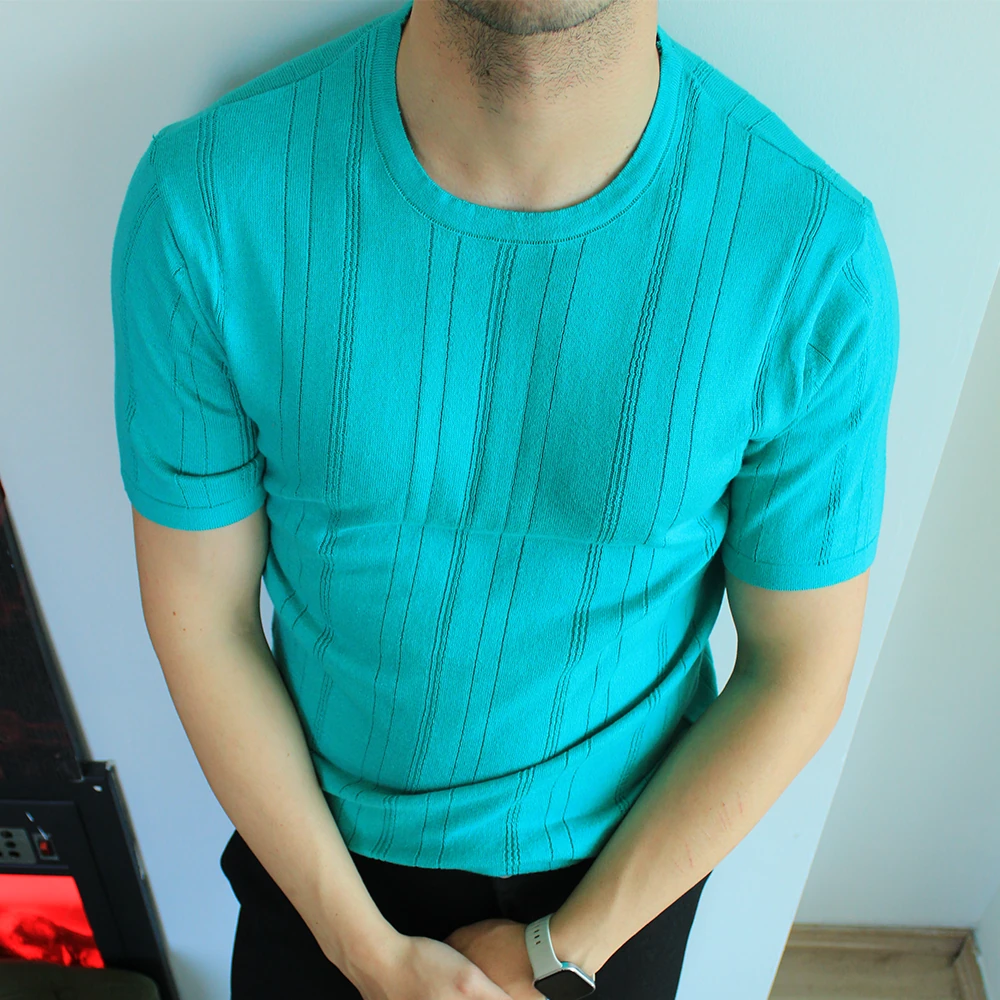 Dikey Çizgili Triko Basic T-Shirt