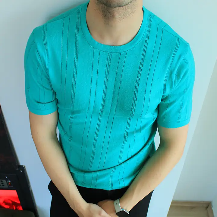 Dikey Çizgili Triko Basic T-Shirt