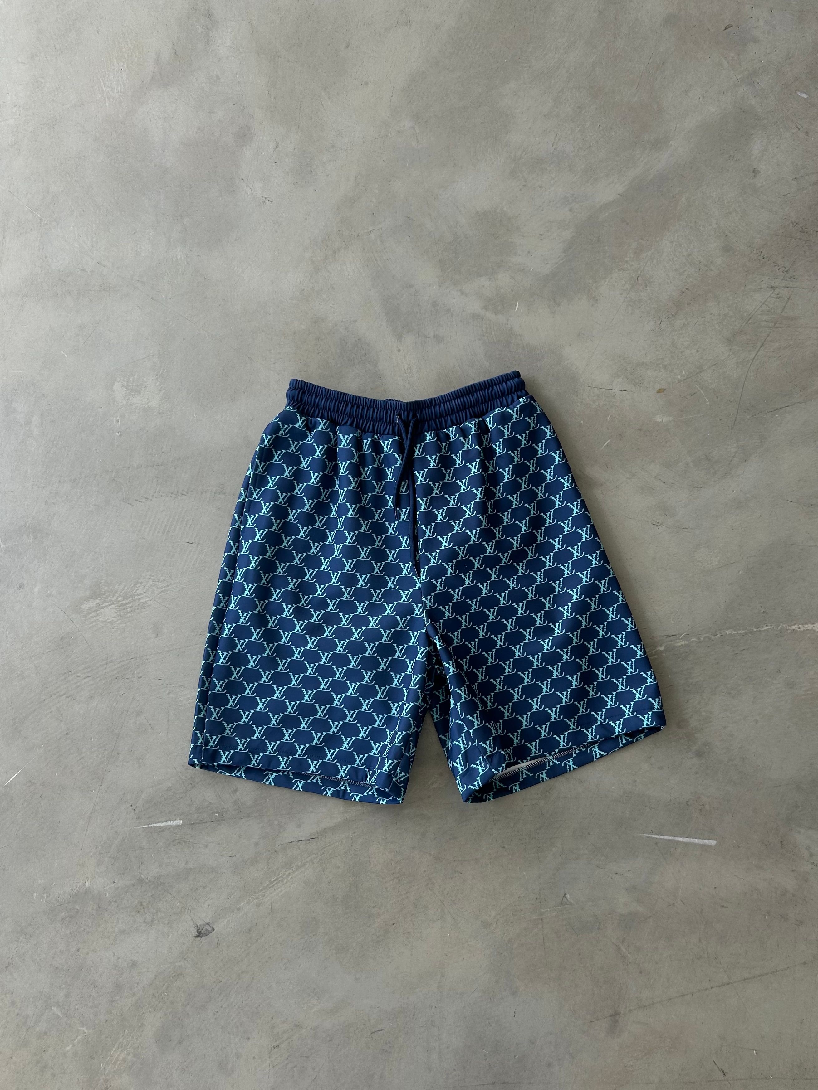 LV Desenli Premium Şort - Mavi