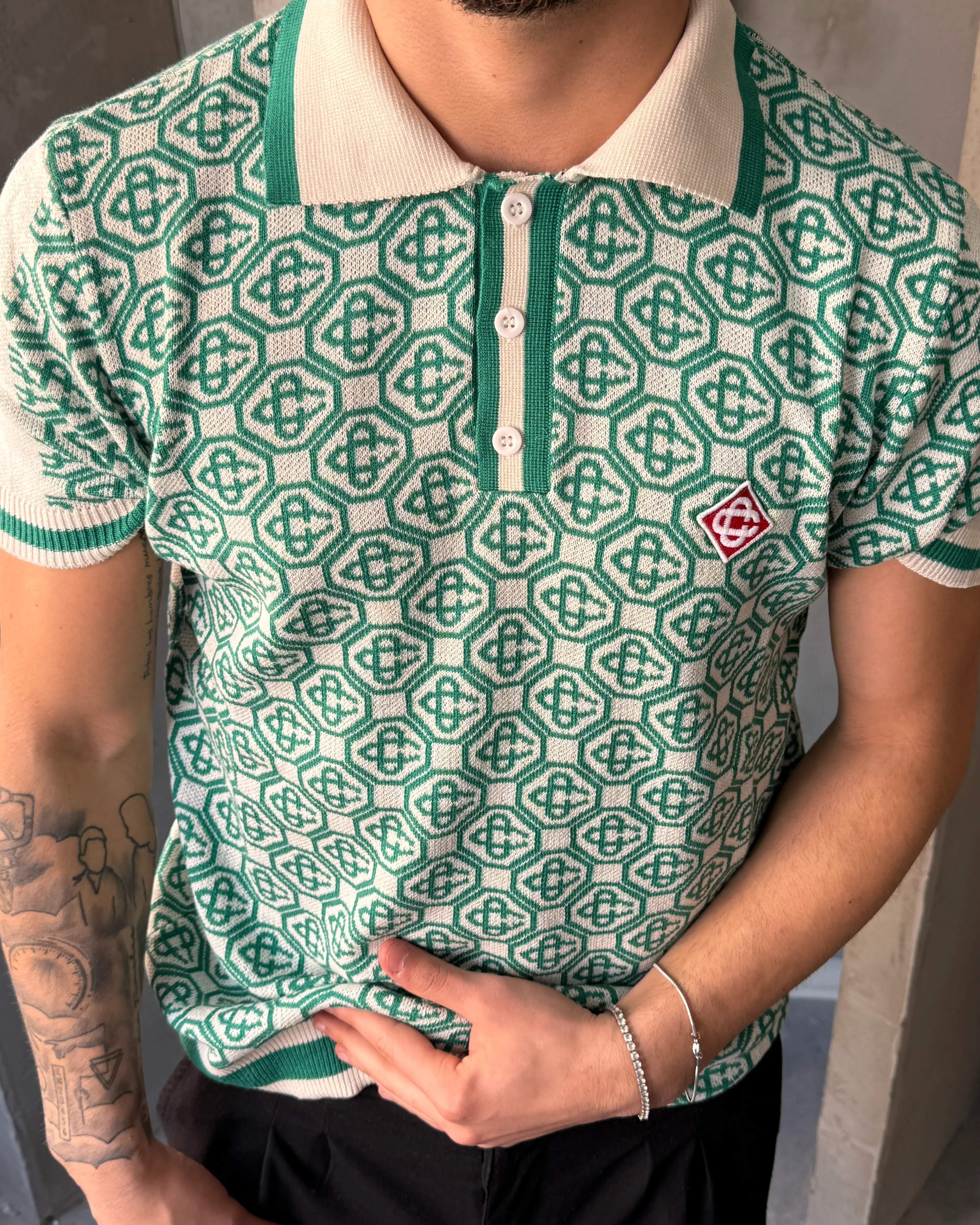 Desenli Polo Yaka Triko T-Shirt – Gri & Yeşil | Modern ve Şık Erkek Stili