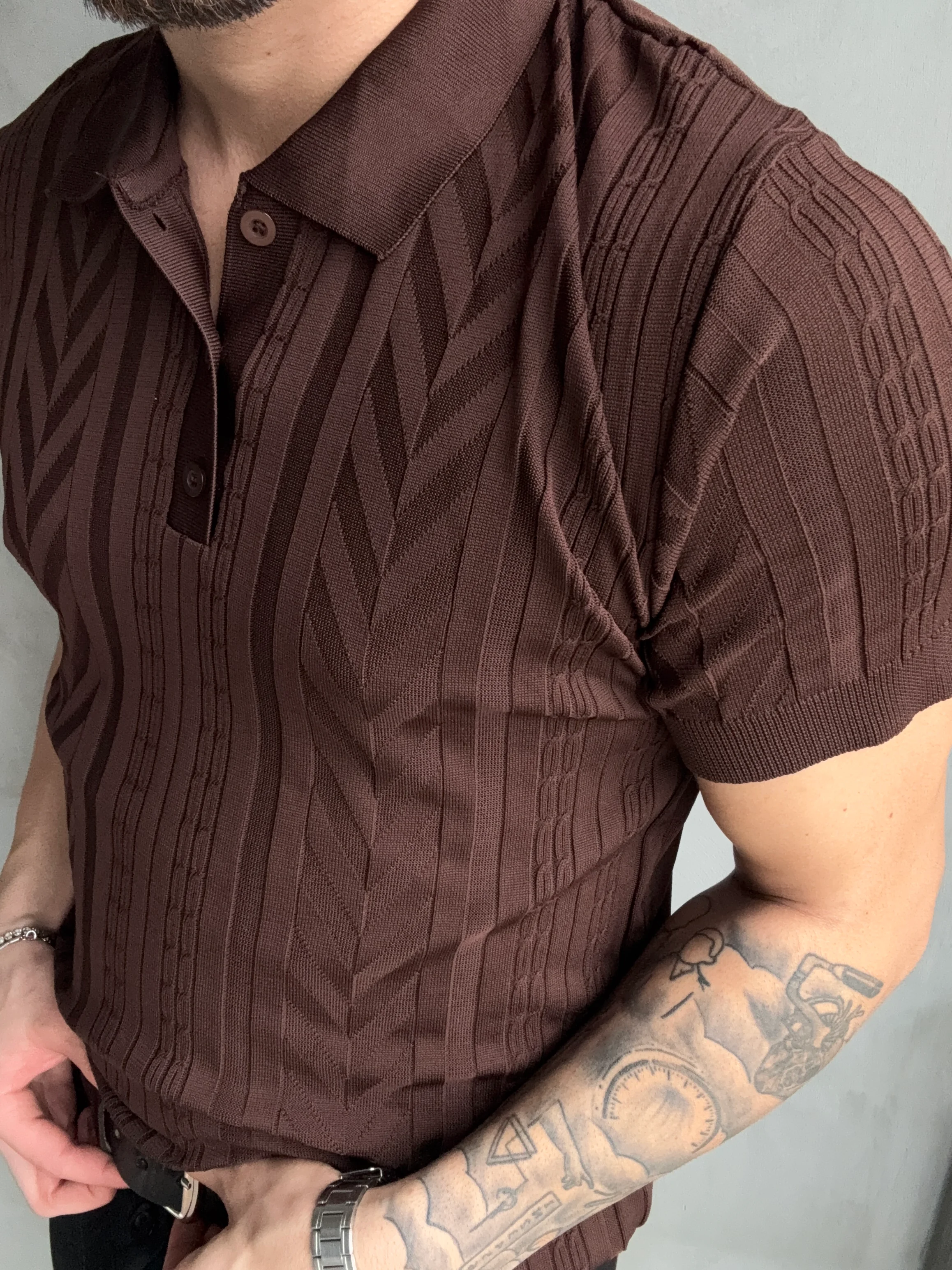 Jakar Desenli 3 Düğmeli Triko T-Shirt