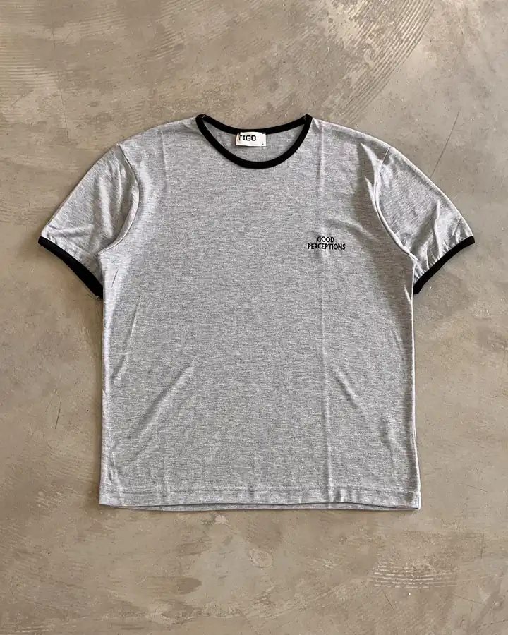 Yaka Renk Detaylı Basic Triko T-Shirt - Gri