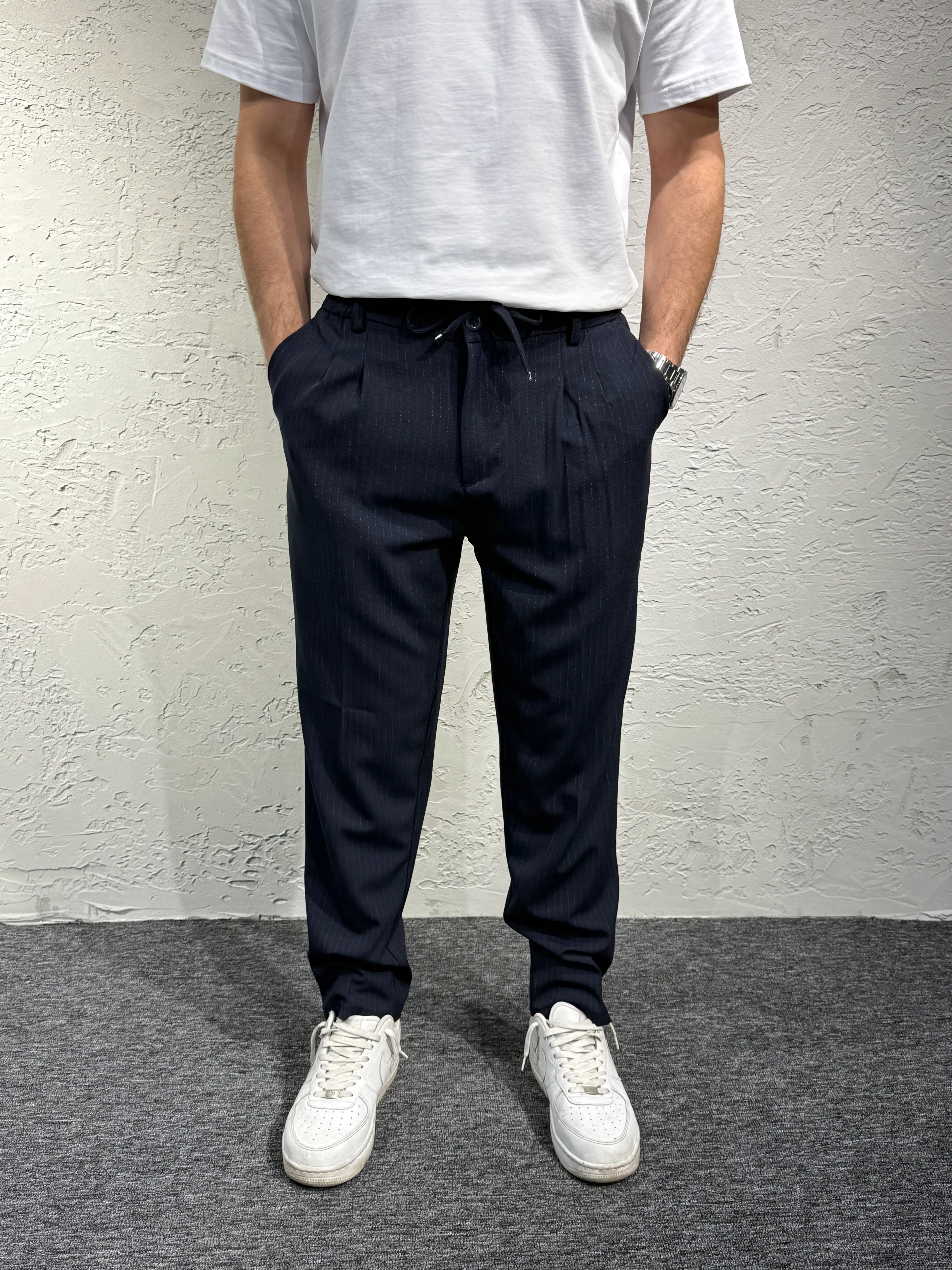 Bağcıklı Çizgili Kumaş Pantolon