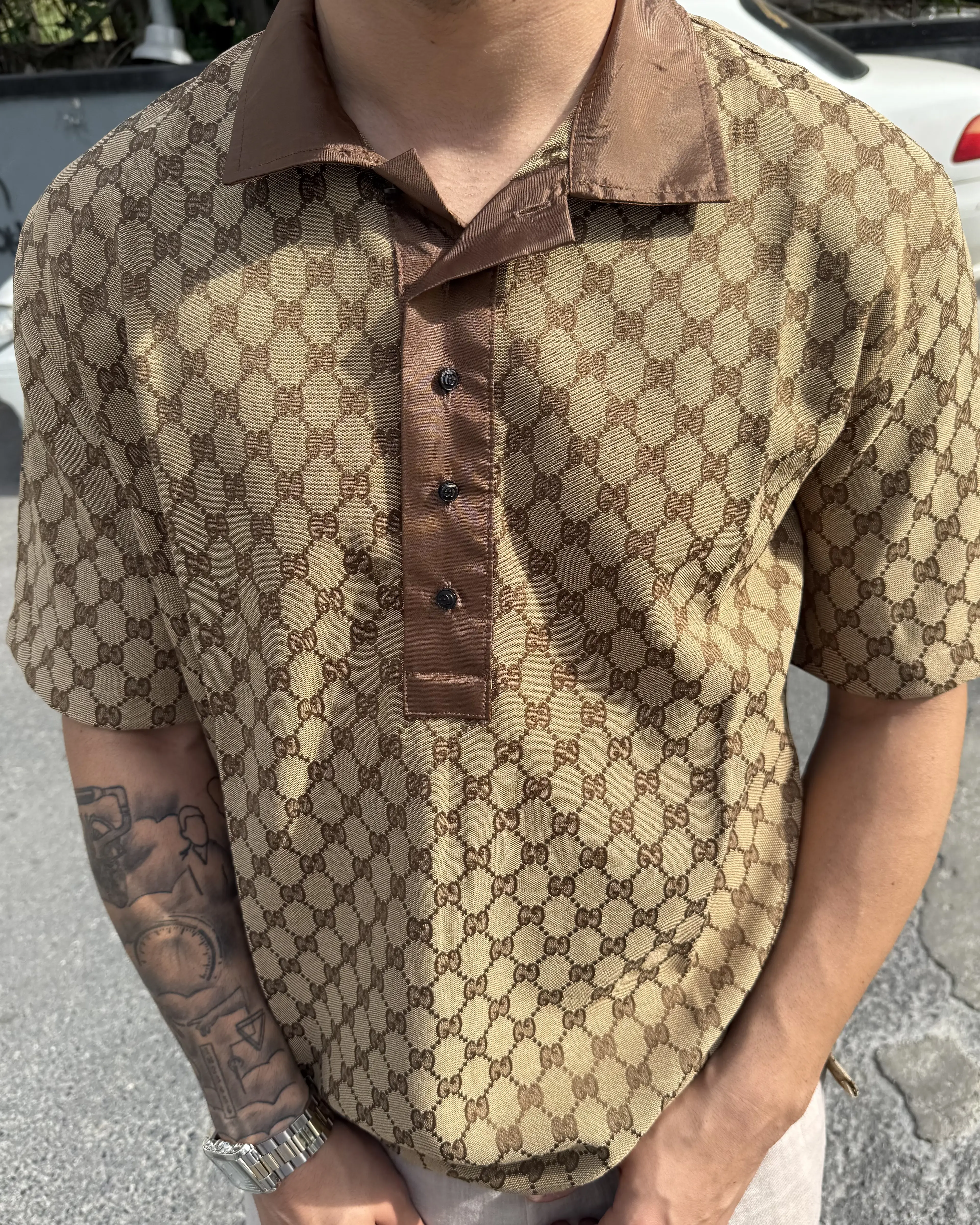 Full Logo Desenli 4 Düğmeli Polo Yaka T-Shirt