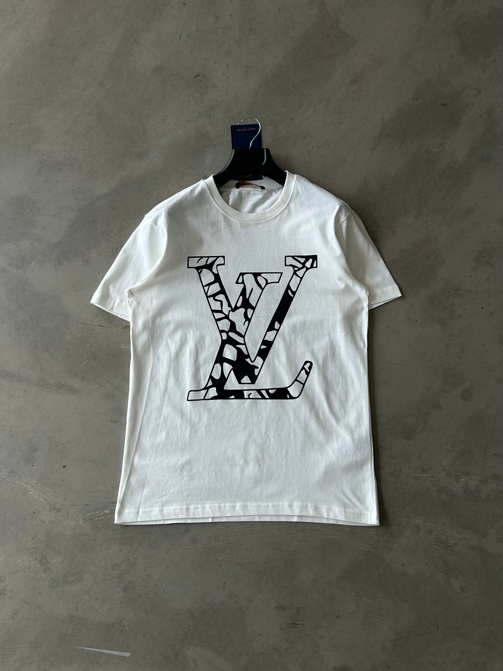 LV Premium Baskılı Diyagonel Kumaş Tshirt - Beyaz