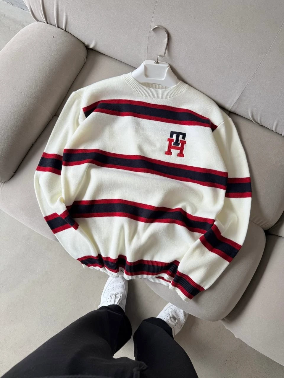 TMY Premium TH Detaylı Şeritli Triko - Beyaz