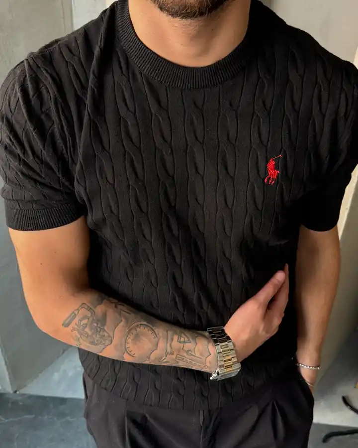 Dikey Örgü Desenli Polo Yaka Triko T-Shirt - Siyah