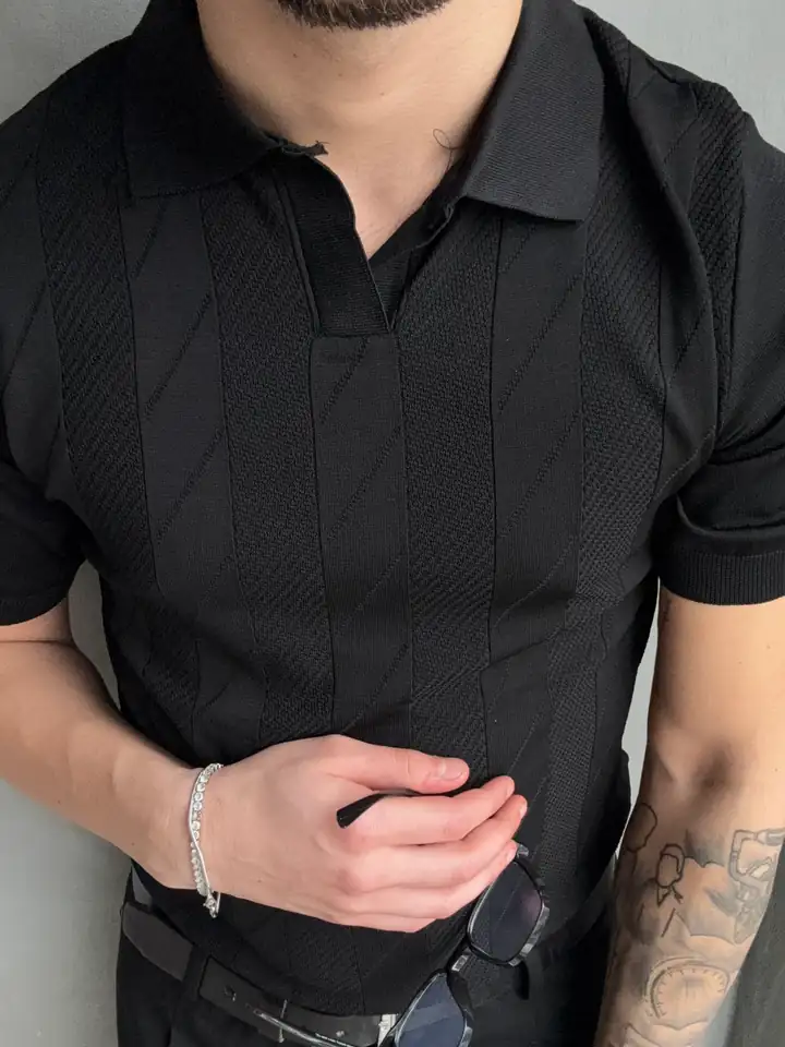 Çizgi Dokulu Polo Yaka Triko T-Shirt  - Siyah