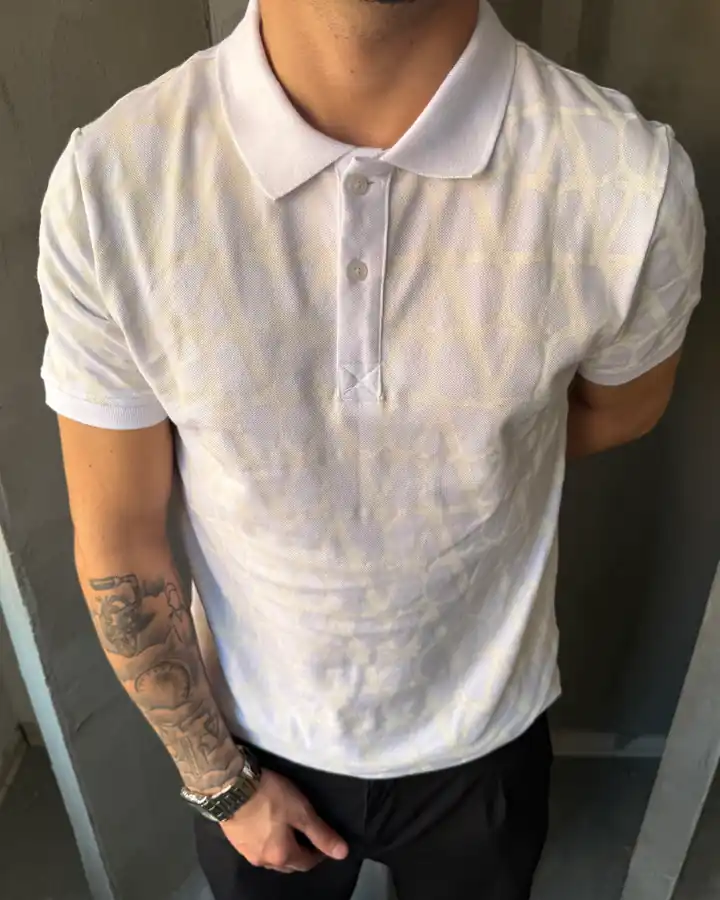 Full Logo Desenli Polo Yaka T-Shirt - Beyaz