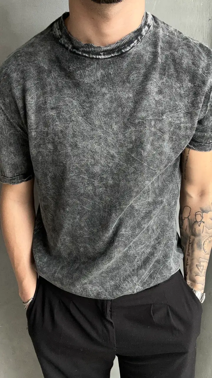 Bisiklet Yaka Yıkamalı Triko Kumaş T-Shirt - Gri