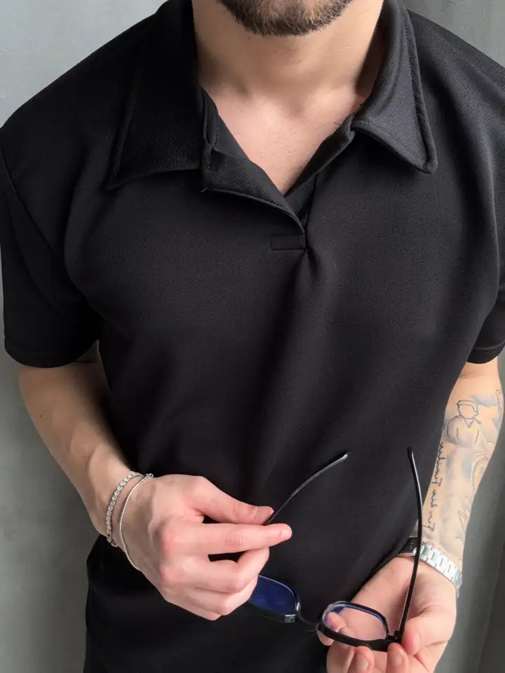 Zara Krep Hemşire Yaka Triko Tshirt - Siyah