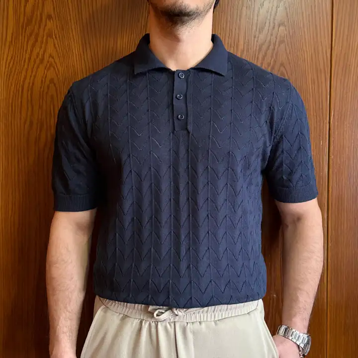 Dalga Desenli Örme Polo Yaka T-Shirt