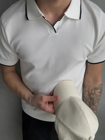 Yaka Çizgili Tek Plaka Polo Yaka Triko Tshirt - Beyaz