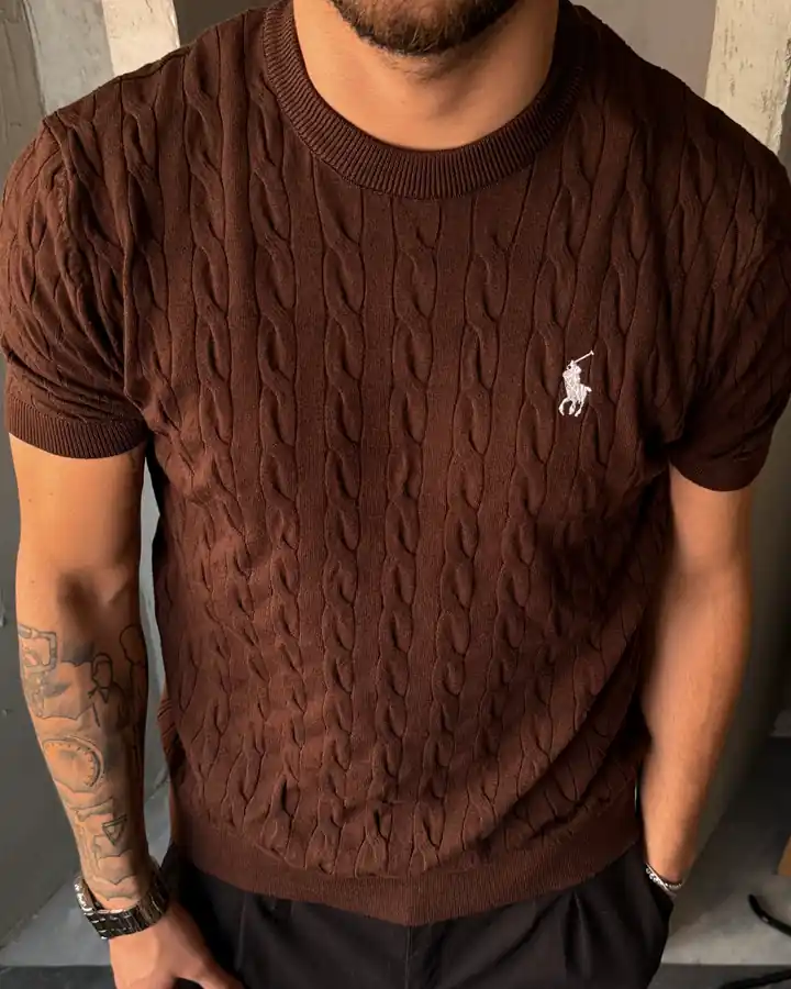 Dikey Örgü Desenli Polo Yaka Triko T-Shirt - Kahverengi