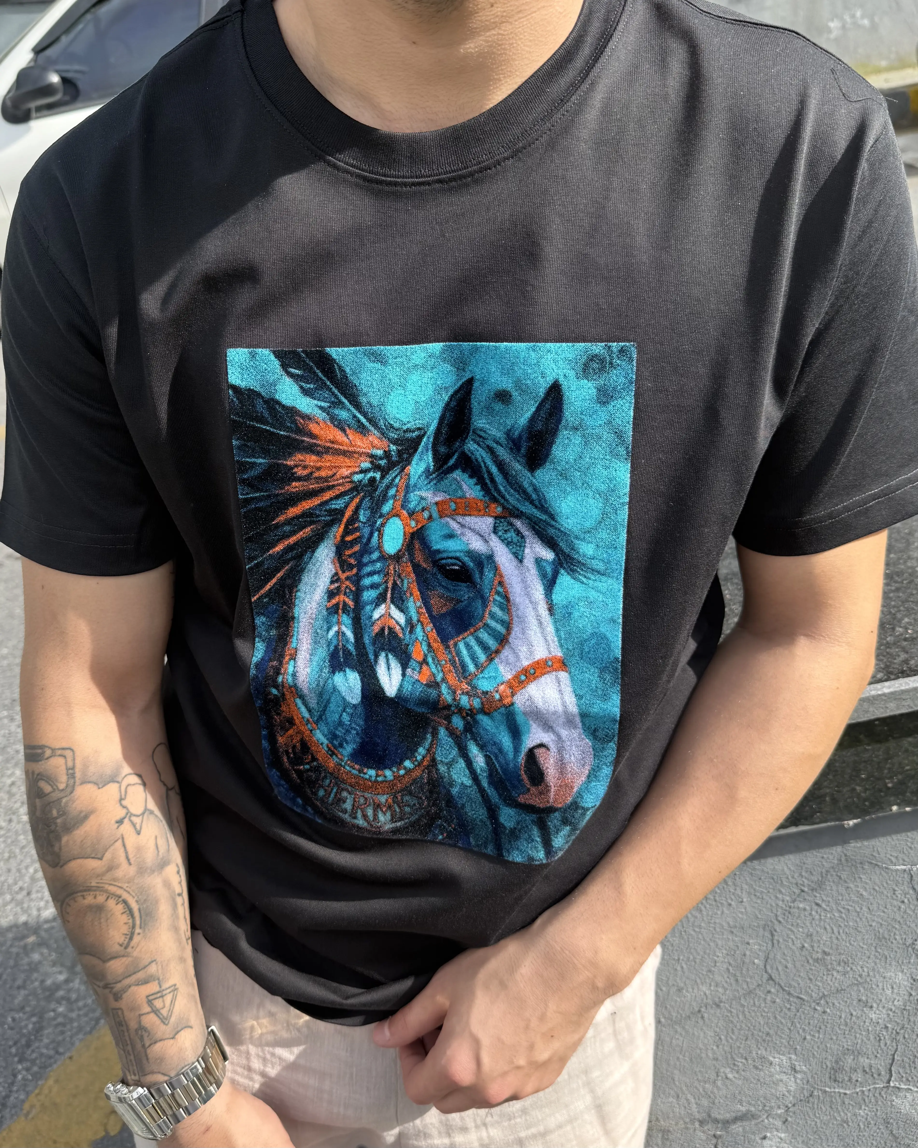 Mavi At Baskı Detaylı T-Shirt
