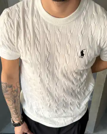 Dikey Örgü Desenli Bisiklet Yaka Triko T-Shirt - Beyaz