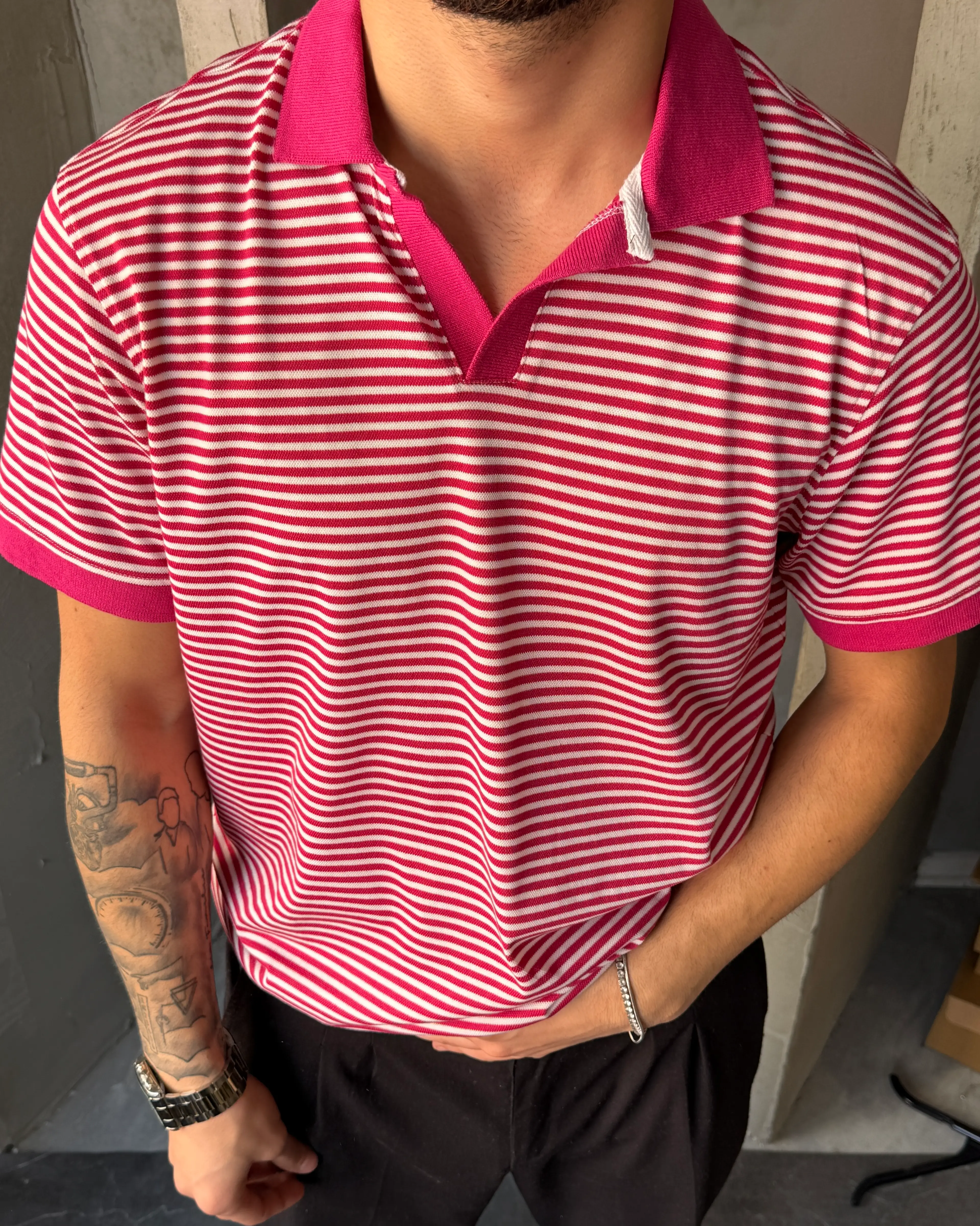 Pembe Beyaz Çizgili Polo Yaka Triko T-Shirt