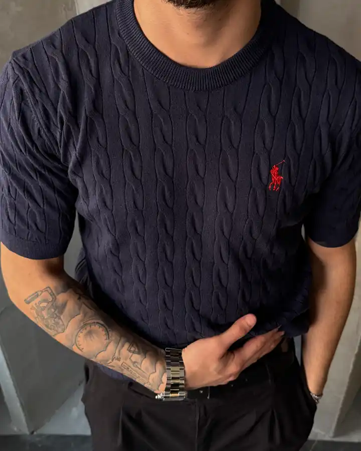 Dikey Örgü Desenli Polo Yaka Triko T-Shirt - Lacivert