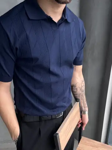 Çizgi Dokulu Polo Yaka Triko T-Shirt  - Lacivert