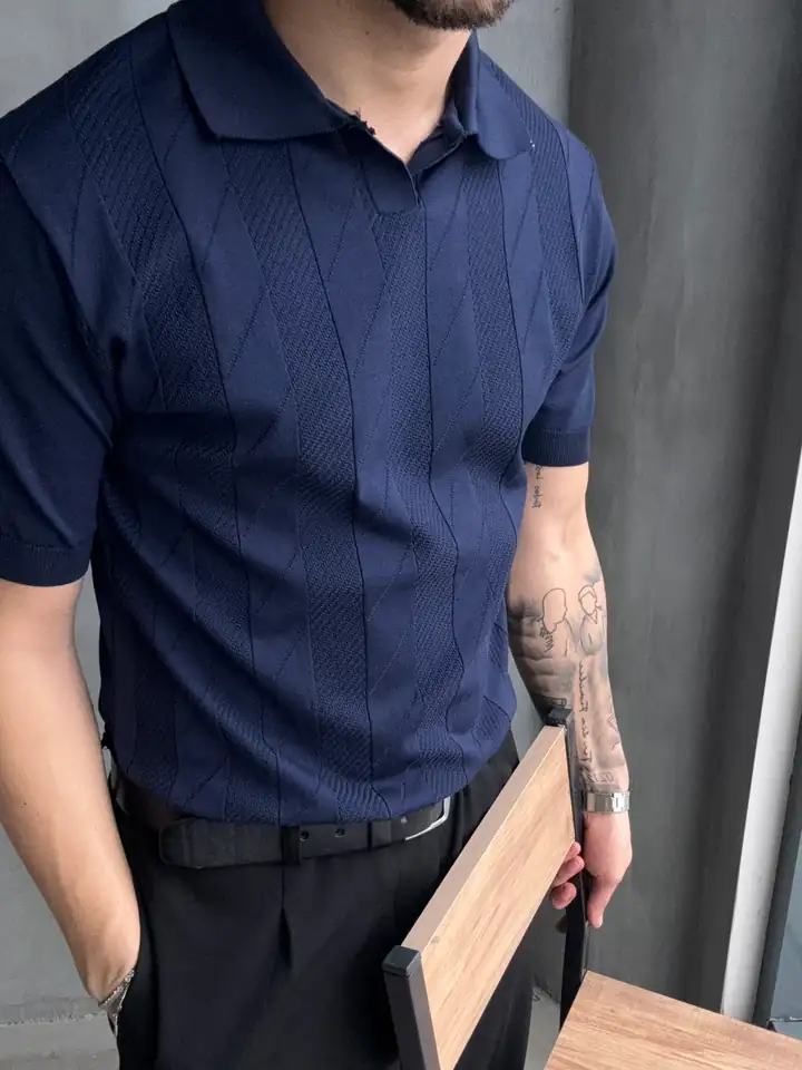 Çizgi Dokulu Polo Yaka Triko T-Shirt  - Lacivert