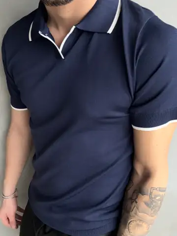 Yaka Çizgili Tek Plaka Polo Yaka Triko Tshirt - Lacivert