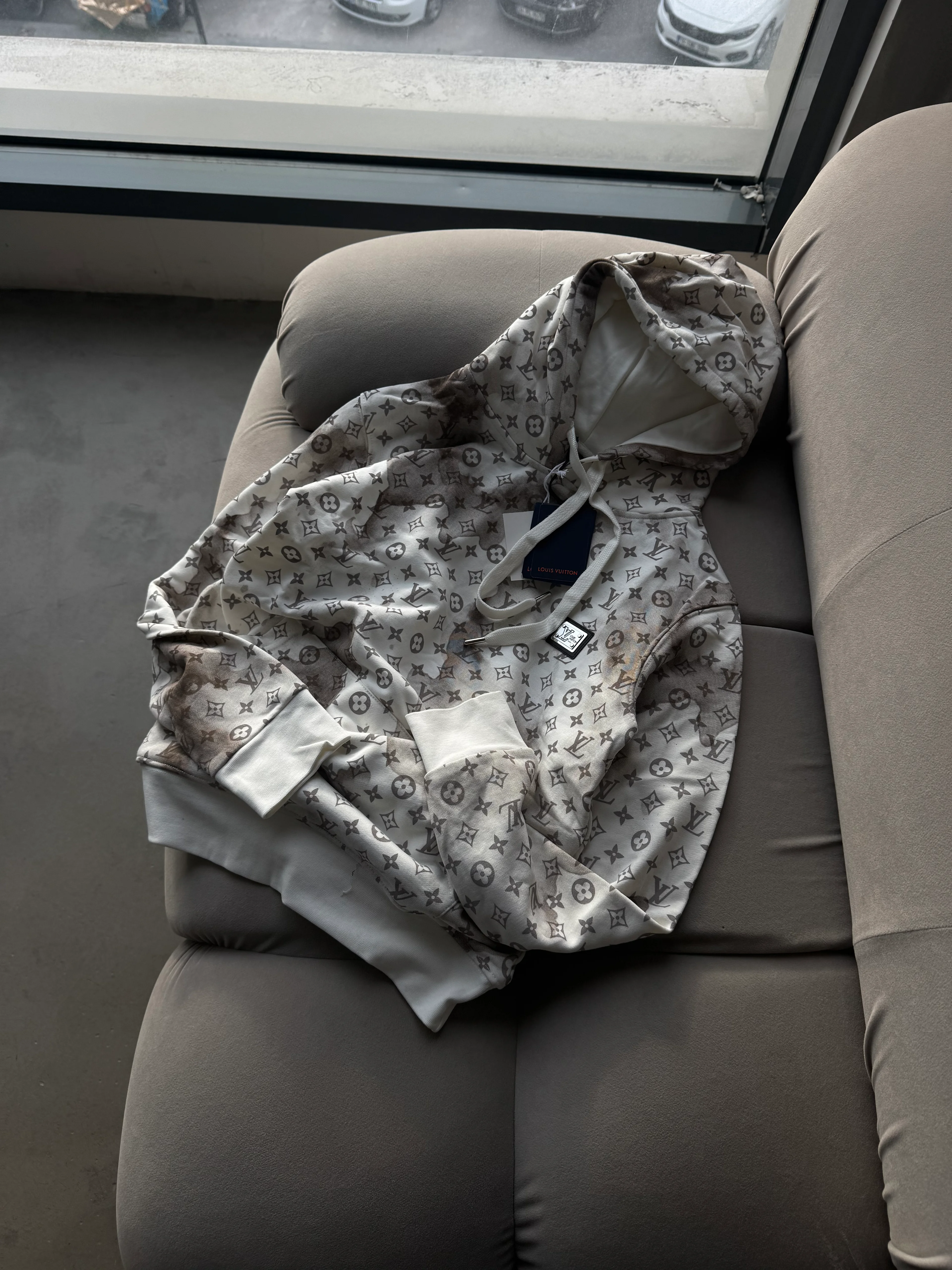 LV Extra Premium Leke Detaylı Sweatshirt - Beyaz