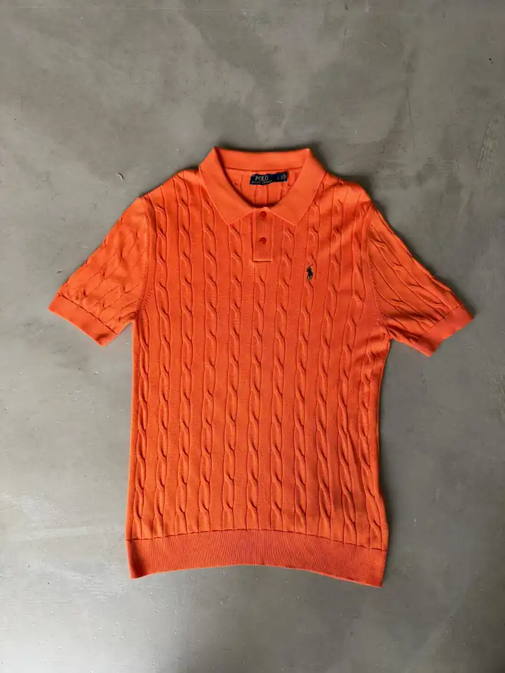 Dikey Örgü Desenli Polo Yaka Triko T-Shirt - Turuncu