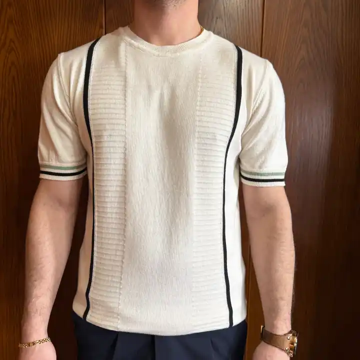 Çizgi Detaylı Bisiklet Yaka Triko T-Shirt - Beyaz