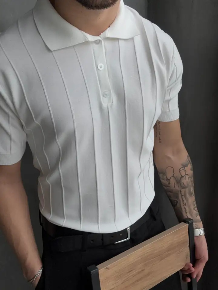 3 Düğmeli Yakalı Çizgi Detaylı Triko Tshirt - Beyaz