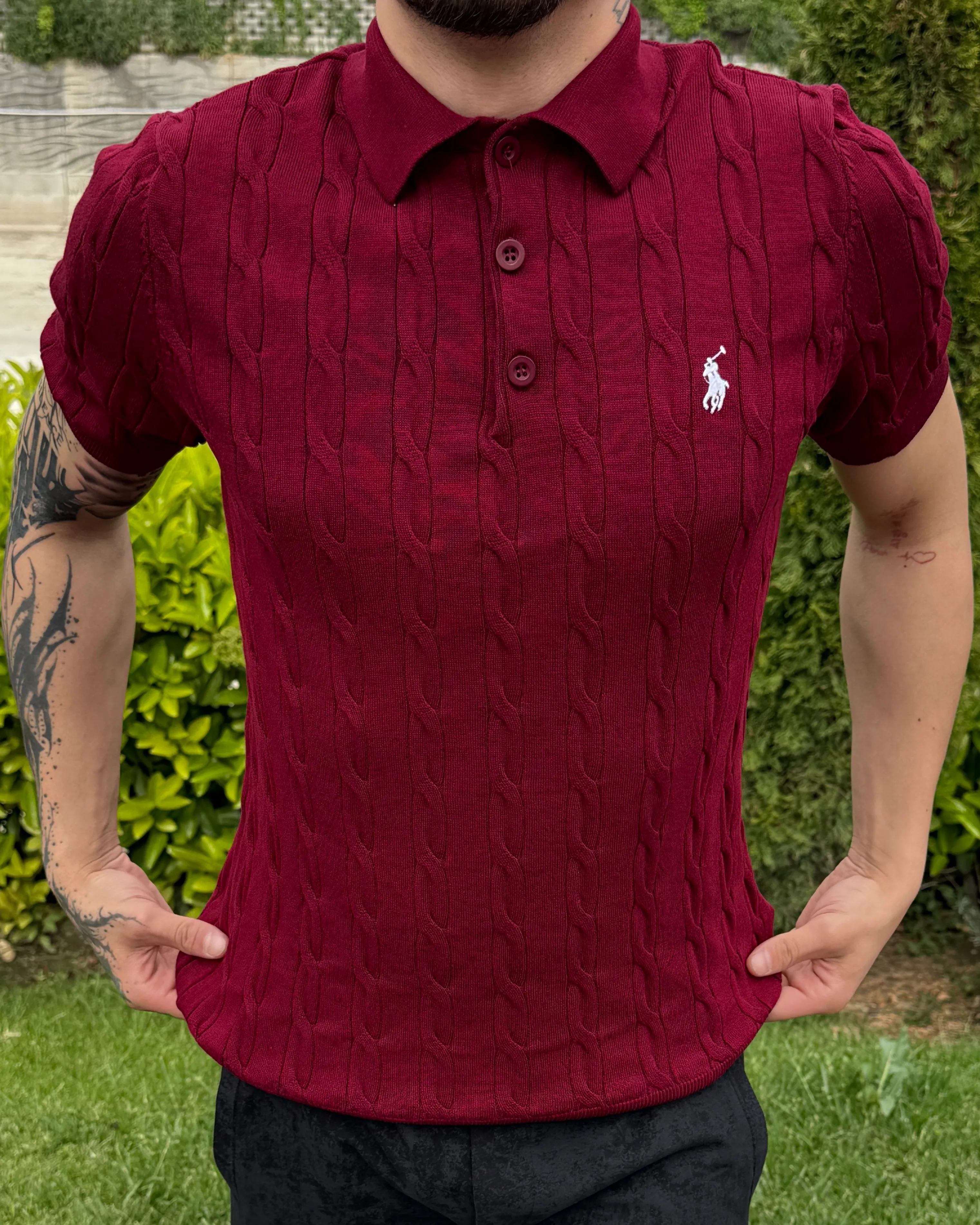 Saç Örgü Desenli Polo Yaka Triko T-Shirt