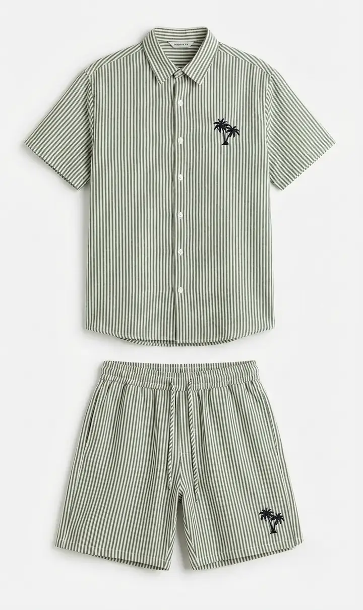 Çizgili Baskılı Keten Şort Takım - Yeşil