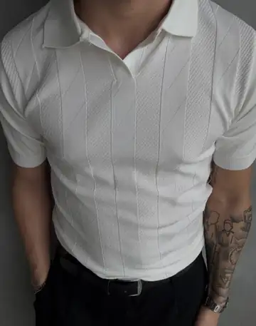Çizgi Dokulu Polo Yaka Triko T-Shirt  - Beyaz