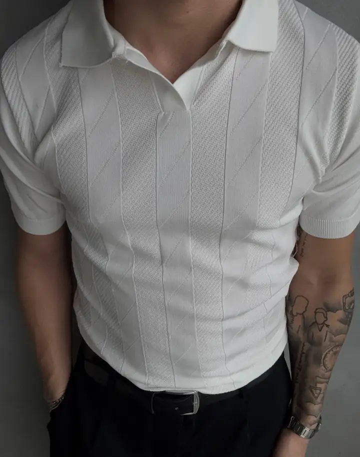 Çizgi Dokulu Polo Yaka Triko T-Shirt  - Beyaz