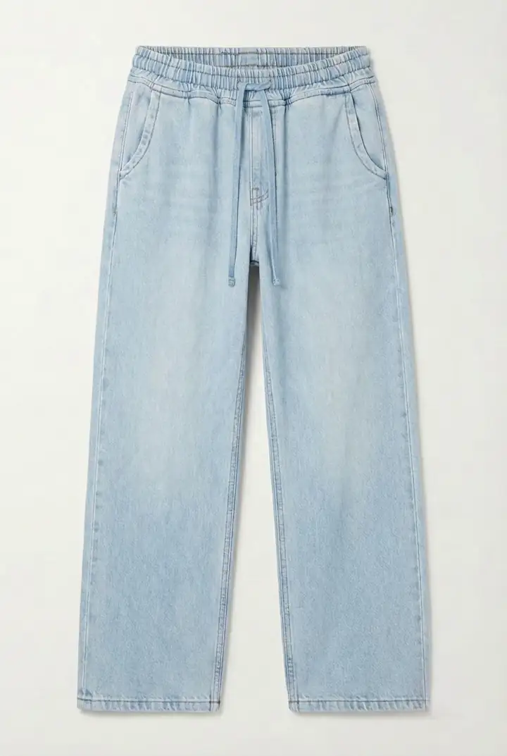 Çizgili Bel Lastikli Baggy Jean - Açık Mavi