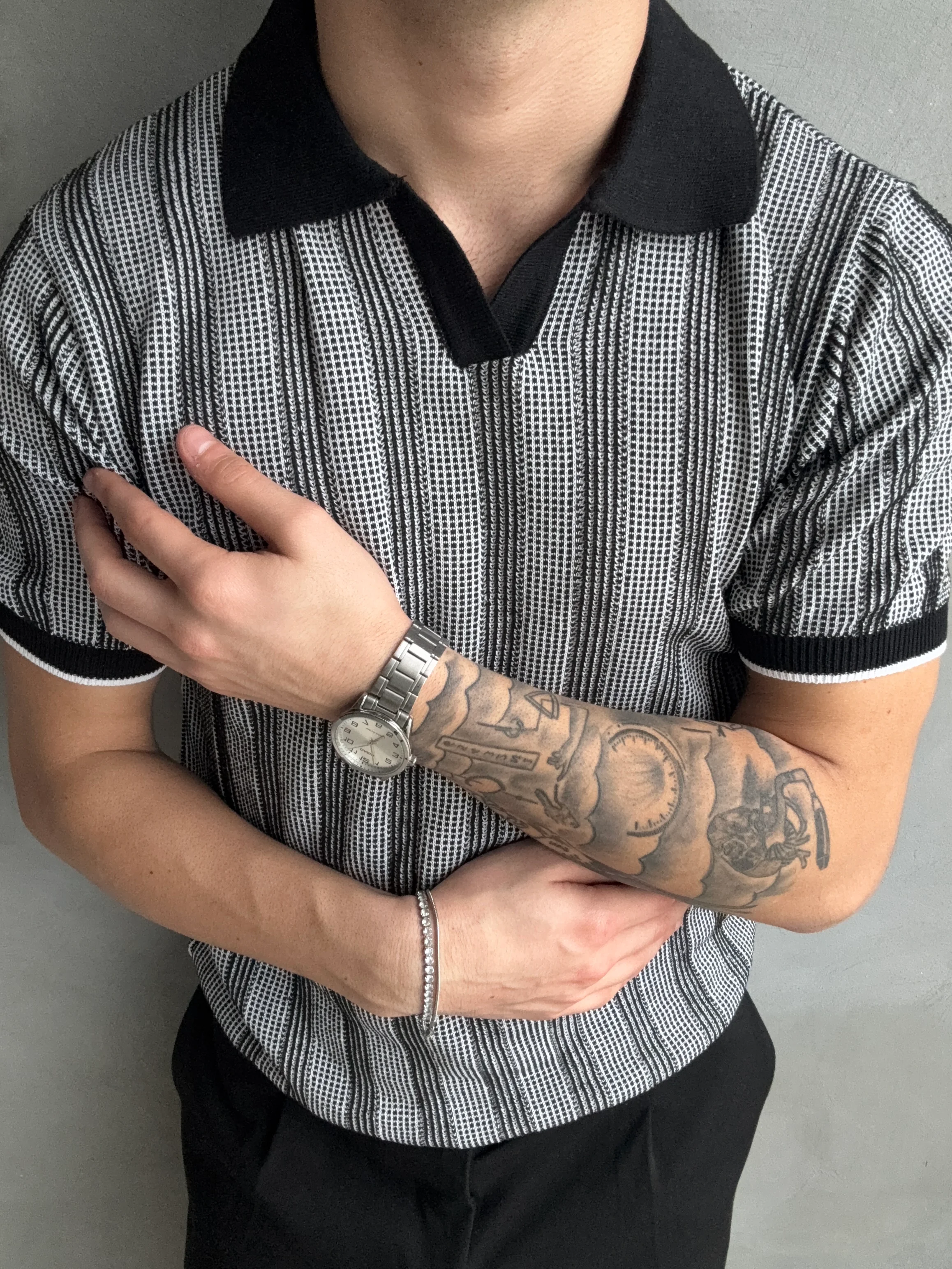 Piti Kare Desenli Çizgili Polo Yaka Triko Tshirt