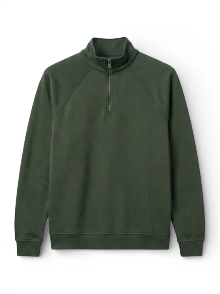 Premium Basic Pamuklu Yarım Fermuarlı Sweatshirt - Yeşil