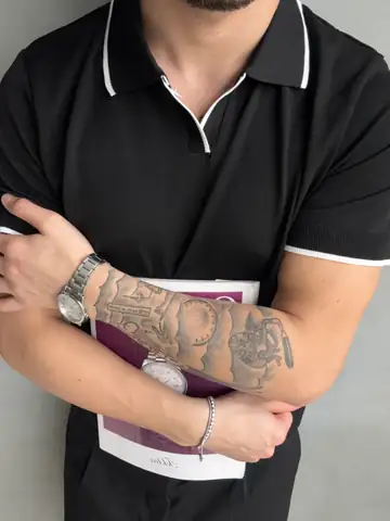 Yaka Çizgili Tek Plaka Polo Yaka Triko Tshirt - Siyah