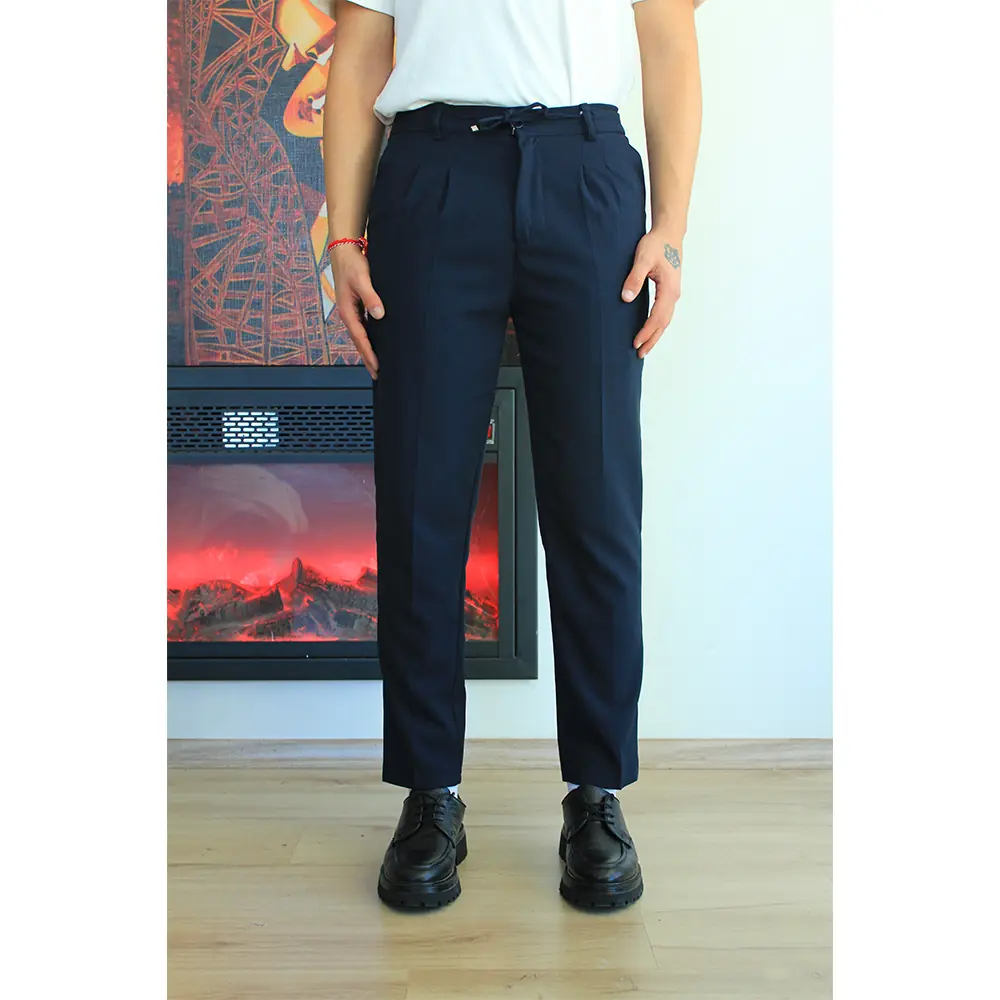 Bağcıklı Pileli Slim Fit Kumaş Pantolon