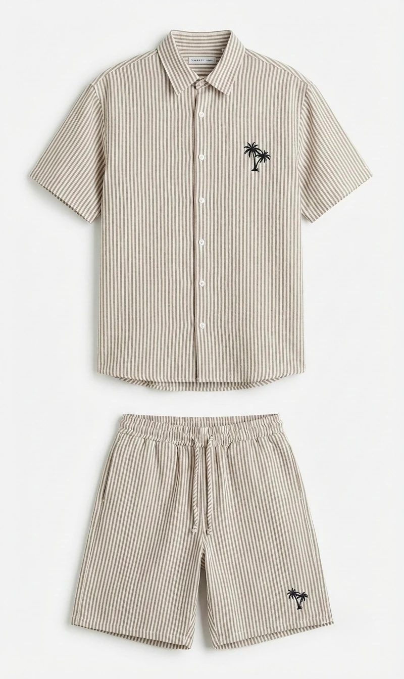 Çizgili Baskılı Keten Şort Takım