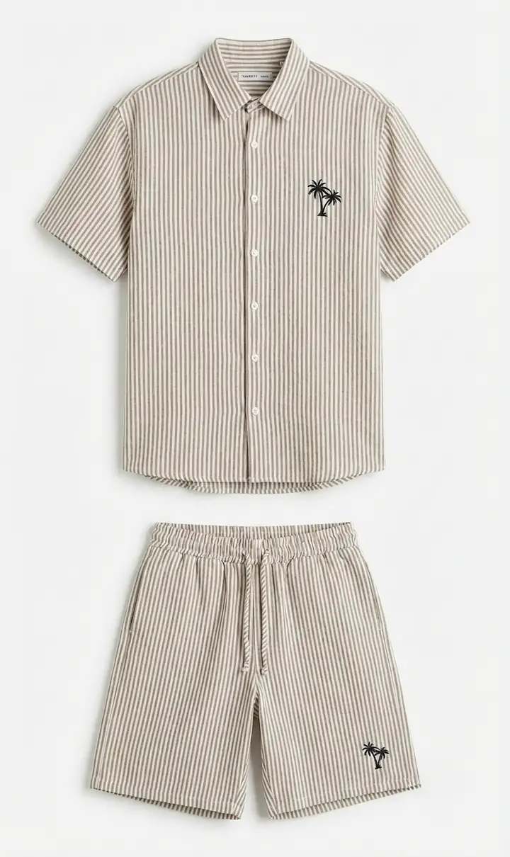 Çizgili Baskılı Keten Şort Takım - Krem