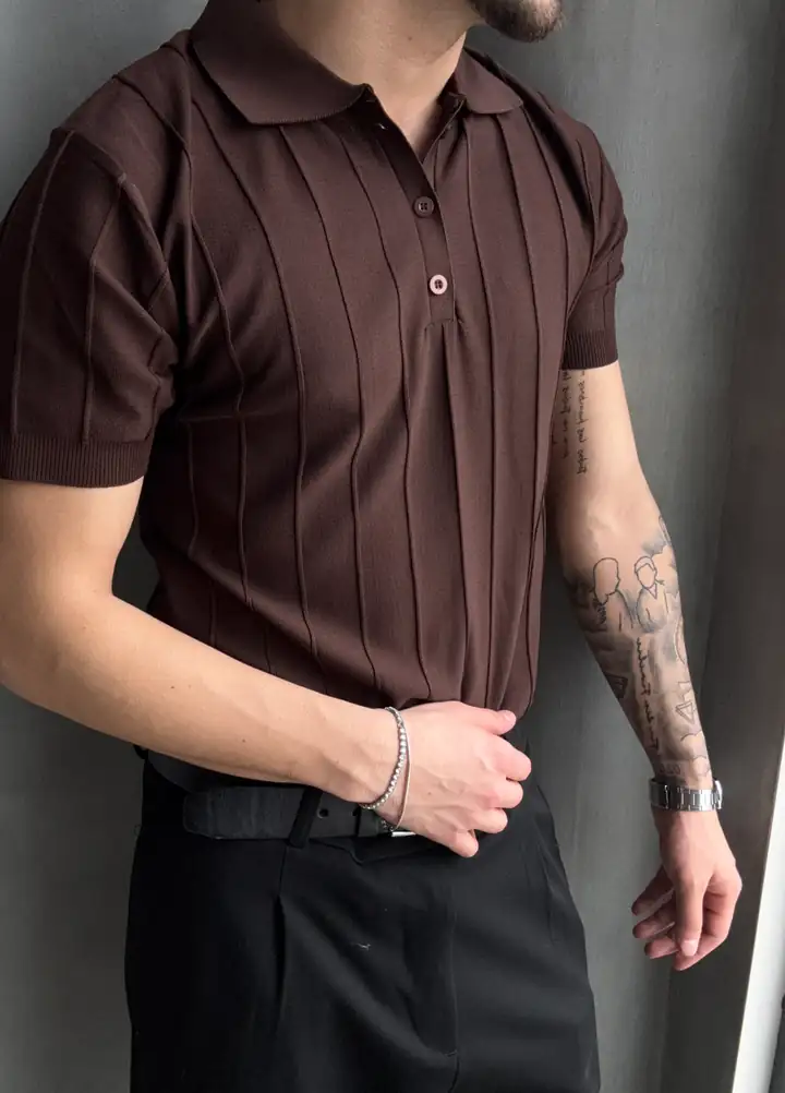 3 Düğmeli Yakalı Çizgi Detaylı Triko Tshirt - Kahverengi