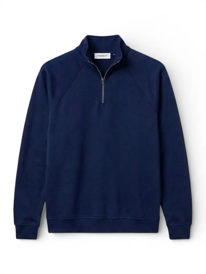 Premium Basic Pamuklu Yarım Fermuarlı Sweatshirt - Açık Lacivert