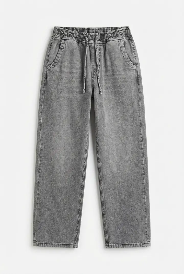 Çizgili Bel Lastikli Baggy Jean - Açık Gri