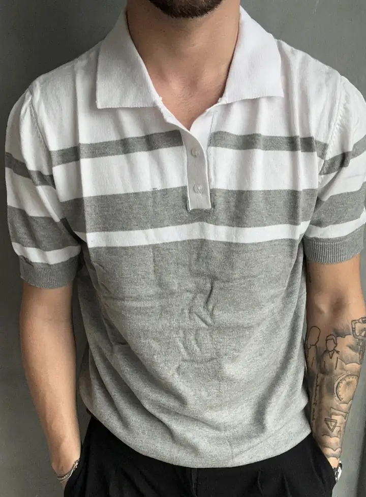 Çift Renk Şeritli Polo Yaka T-Shirt - Gri